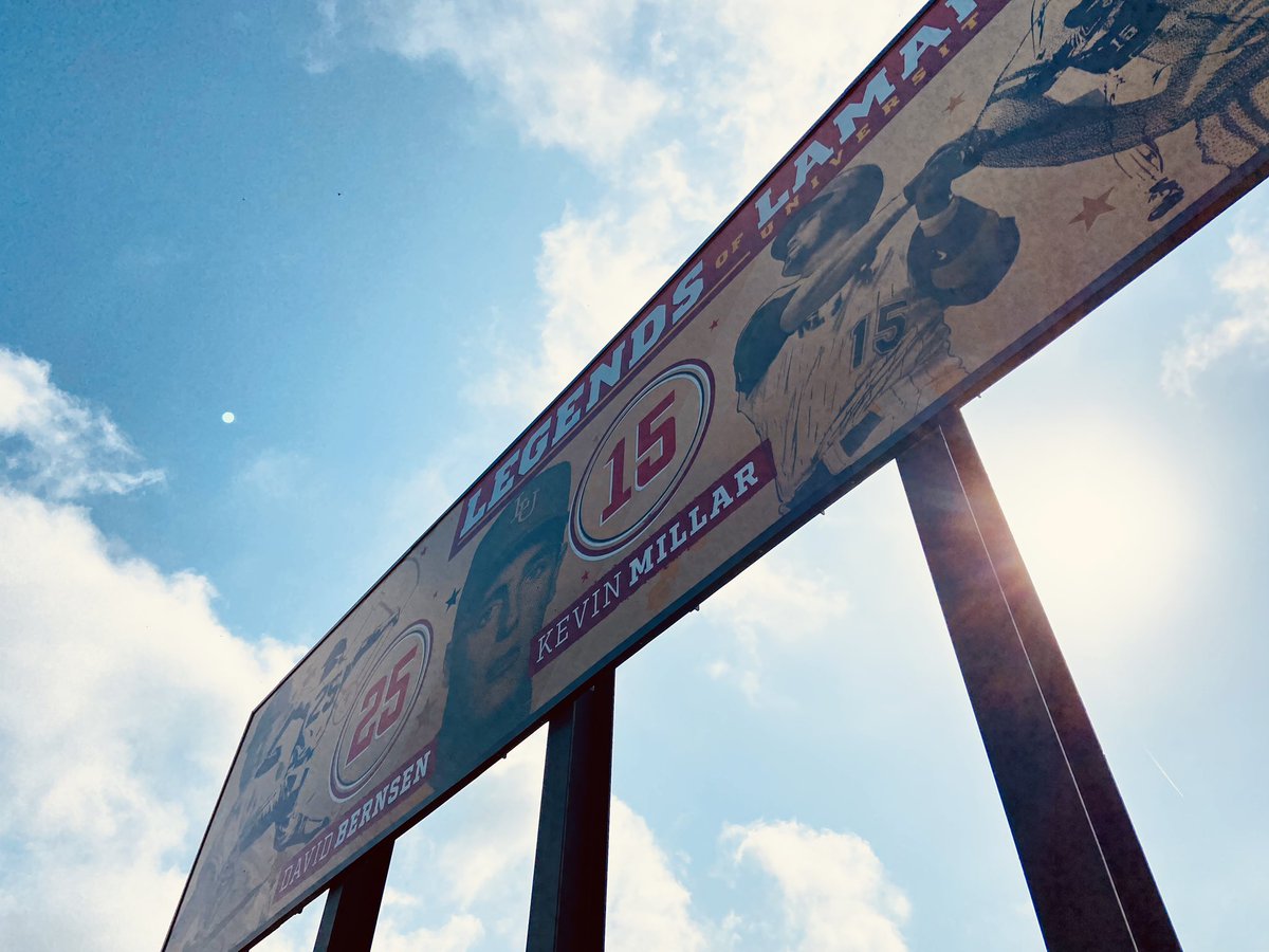 LanceLaRue's tweet photo. Excited to have my artwork officially up at centerfield! Today’s ceremony of retiring numbers of Bernsen, Gilligan, and @KMillar15 @LamarUniversity @LamarAthletics #lamar #lamaruniversity #baseball #lamarbaseball #cardinalbaseball #collegebaseball #artwork #portrait #design #Art https://t.co/NPCbyz9eHh