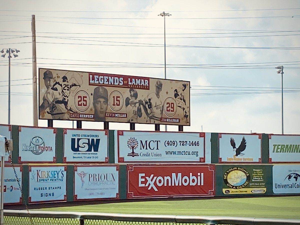 LanceLaRue's tweet photo. Excited to have my artwork officially up at centerfield! Today’s ceremony of retiring numbers of Bernsen, Gilligan, and @KMillar15 @LamarUniversity @LamarAthletics #lamar #lamaruniversity #baseball #lamarbaseball #cardinalbaseball #collegebaseball #artwork #portrait #design #Art https://t.co/NPCbyz9eHh