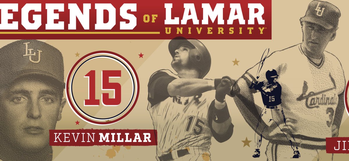 LanceLaRue's tweet photo. Excited to have my artwork officially up at centerfield! Today’s ceremony of retiring numbers of Bernsen, Gilligan, and @KMillar15 @LamarUniversity @LamarAthletics #lamar #lamaruniversity #baseball #lamarbaseball #cardinalbaseball #collegebaseball #artwork #portrait #design #Art https://t.co/NPCbyz9eHh