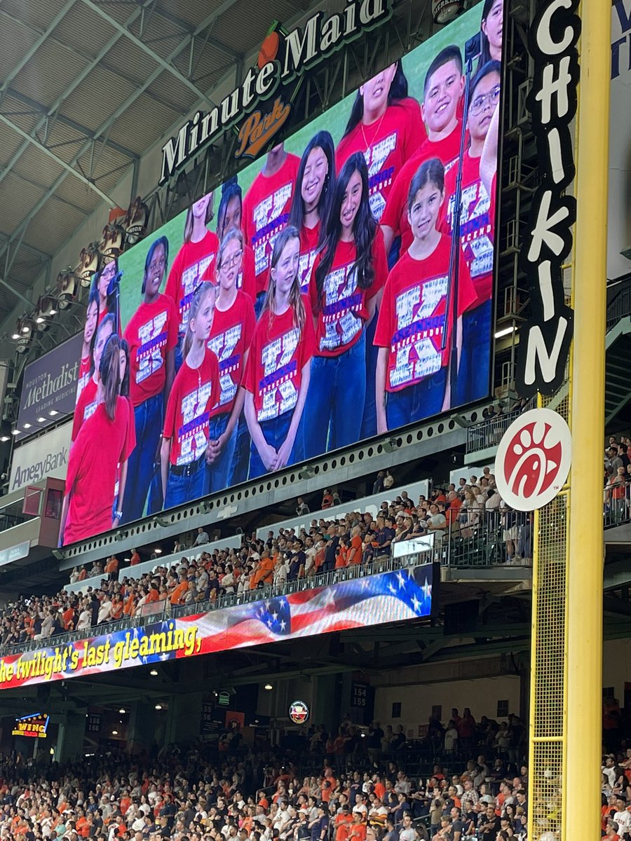adelmans4's tweet photo. So Proud to work for @KleinISD ! What a Surprise to see an amazing National Anthem sung by @KreinhopKISD choir!  @astros Minute 🍊 Maid Park!! ⚾️ https://t.co/9UyHkIeq0j