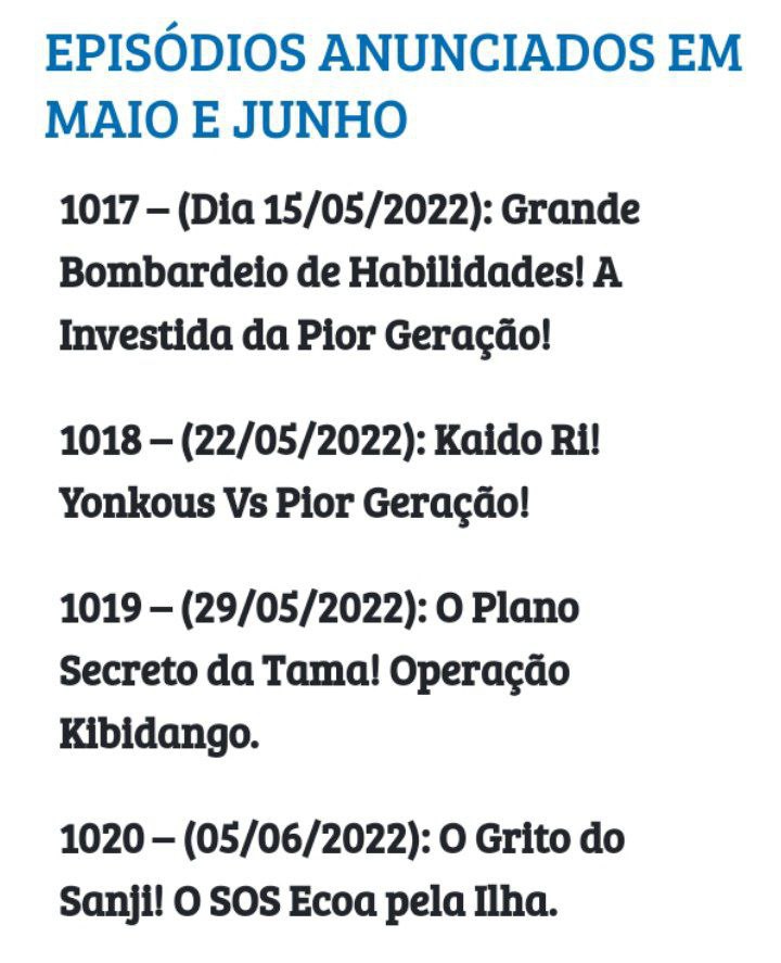 One Piece  Agenda de lançamento dos próximos episódios (MAIO/JUNHO)