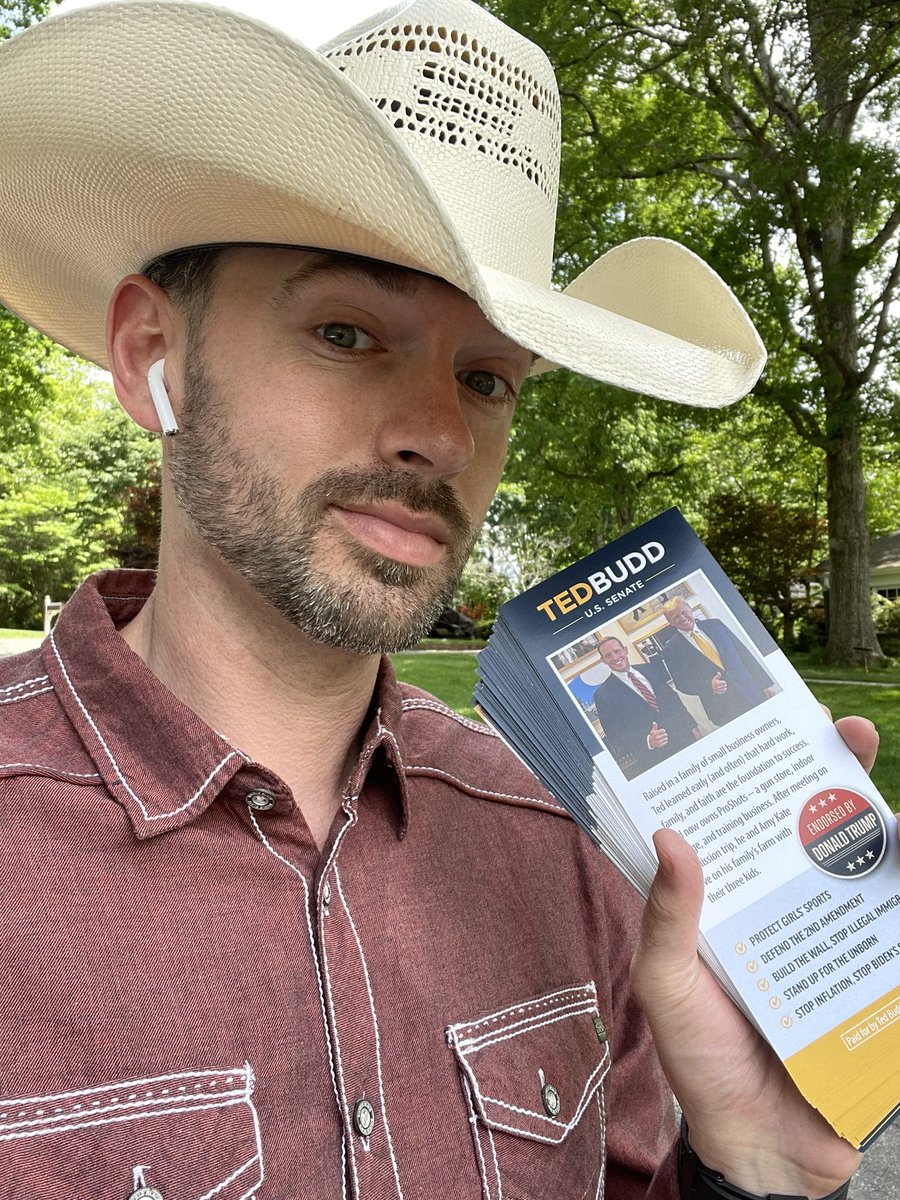 CarltonHuffman's tweet photo. The primary doesn’t wait on the rain and neither does knocking on the doors for @TedBuddNC. Voters are ready for the solid conservative choice to #KeepNCRed #NCpol #NCsen https://t.co/rh6WSrrJhl