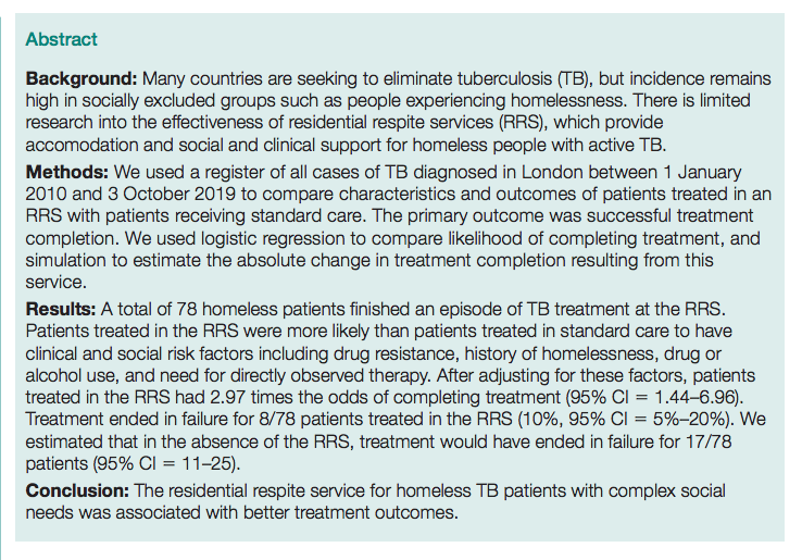 We evaluated Olallo House, a service in London for patients with TB who are homeless and have no recourse to public funds. Olallo patients had 3x the odds of completing treatment compared to those in standard care with similar risk factors journals.sagepub.com/doi/10.1177/17…