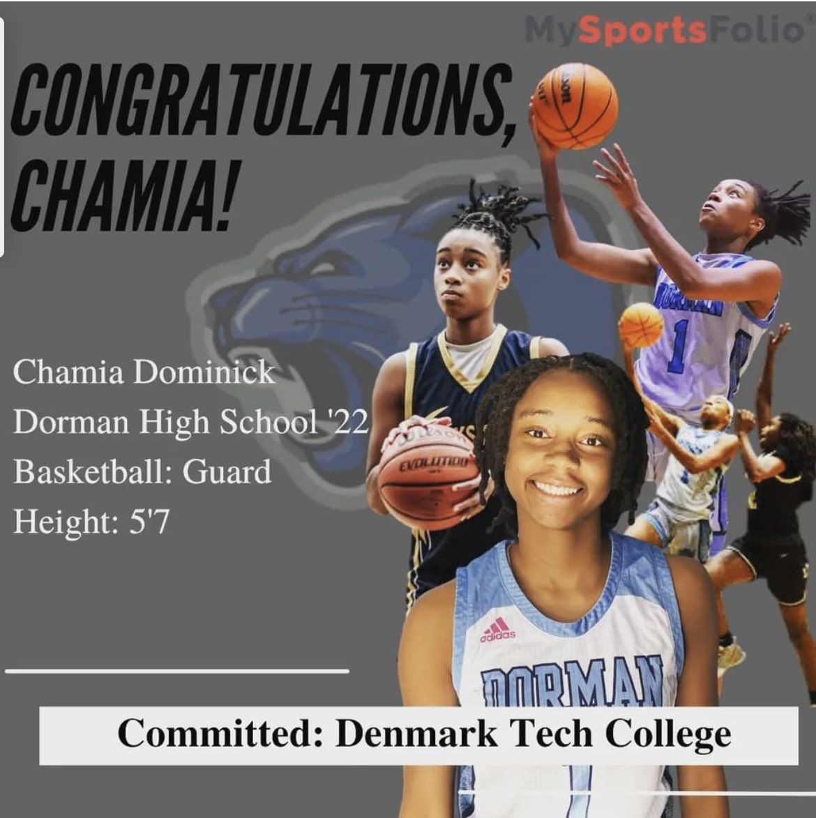 Commitment Alert!! Congrats to Chamia Dominick on her commitment to Denmark Technical College!!! The MySportsFolio Team #collegeready #studentathlete <a href="/DormanLadyCavs/">Dorman Girls Basketball</a> <a href="/HOOP_PHI/">Coach Shell</a> <a href="/CollegeDenmark/">Denmark Technical College Athletics</a>