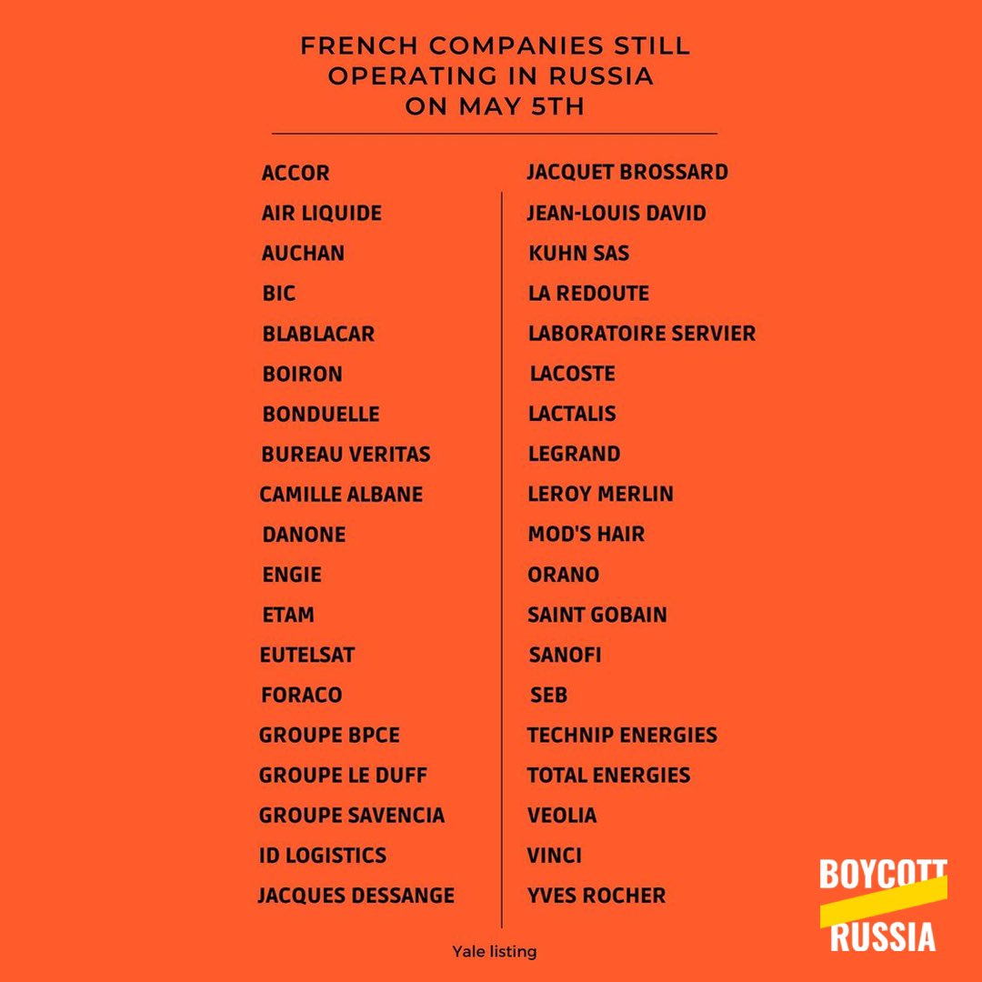 Boycott_RU's tweet photo. French companies that keep operating in Russia &amp; continue indirectly financing the war against Ukraine: 
@Accor 
@leroymerlinfr 
@Bonduelle_Group 
@Danone 
@LACOSTE 
@YvesRocherFR 
@sanofi 
@groupe_lactalis 
@TotalEnergies &amp; others 

Retweet
Comment their posts ‼️
#BoycottRussia https://t.co/vd9hsrJH9A