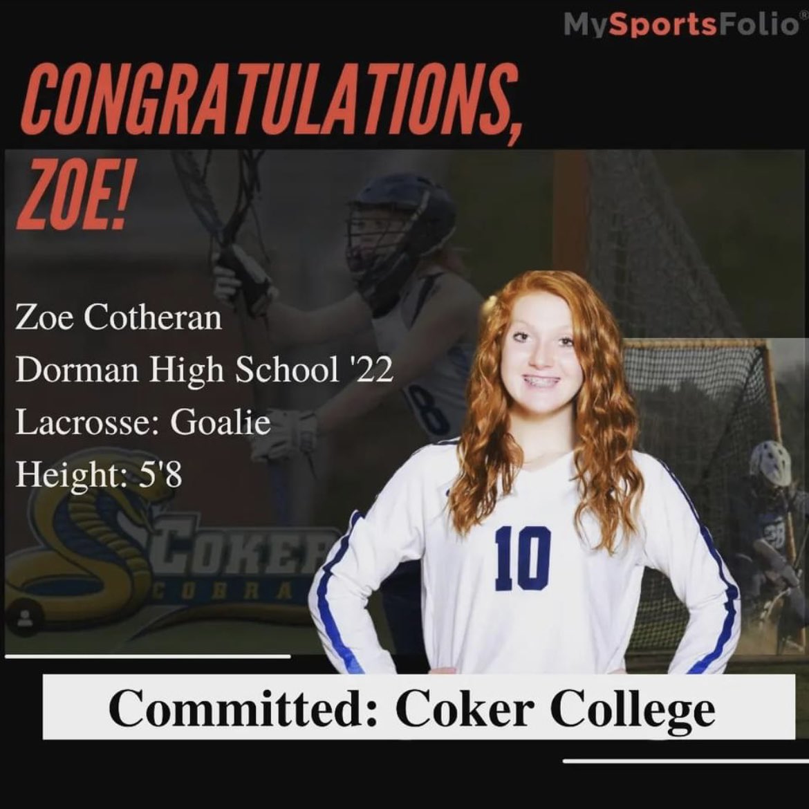 Commitment Alert!!! Congrats to Zoe Cotheran on her commitment to Coker College!!! The MySportsFolio Team #collegeready #StudentAthlete <a href="/dormanglax/">Dorman Girls Lacrosse</a> <a href="/DormanVB/">🏐DormanVB🏐</a> <a href="/vbcoch/">Paula Kirkland</a> <a href="/cokerwlax/">Coker University Women’s Lacrosse</a> <a href="/Coker_Cobras/">Coker Cobras</a> <a href="/DormanAthletics/">Dorman Athletics</a>
