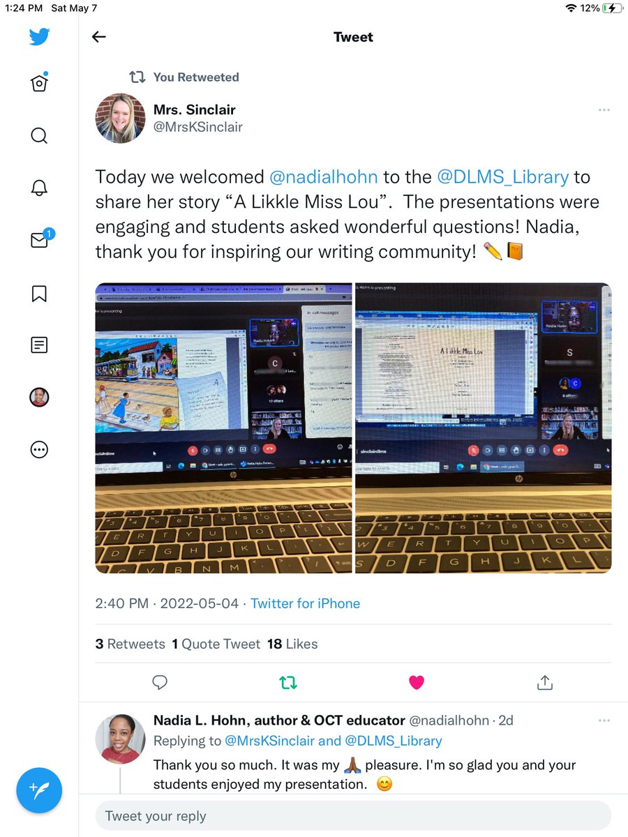 nadialhohn's tweet photo. #RECAPnlh May 1-7, 2022

I had the pleasure of presenting to: 

- @vaughanpl

- @StMatthewDPCDSB  

&amp;

- @DLMS_MS 

@DPCDSBSchools  #writerlylife #schoolpresentations #authorvisits #MalaikasSurprise @owlkids @groundwoodbooks @authorsbooking #ALikkleMissLou @peelschools https://t.co/61cJLh8qqd