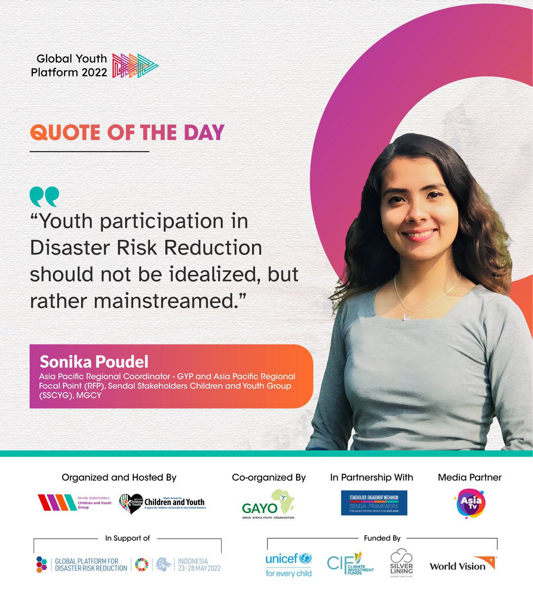 For a more resilient future, it's time to make youth participation in DRR a priority. 

Register now to join us virtually in Zoom next week!! Young people from all around the world are invited to join.

Registration link: surl.li/bxmag

#RisktoResilience #GPDRR2022
