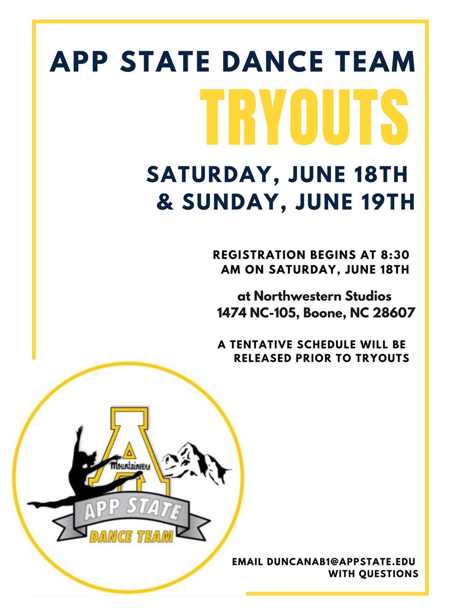 Get excited! It’s tryout season.💛✨ Tryouts for the 2022-2023 App State Dance Team will take place on June 18th and 19th, 2022. Stay tuned for updated information and additional details that will be posted on our social media accounts and website shortly.