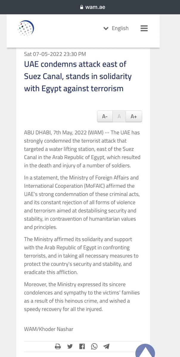 Sajwani's tweet photo. UAE condemns attack east of Suez Canal, stands in solidarity with Egypt against terrorism - WAM #StandWithEgypt
https://t.co/6dnTuVLvt6 https://t.co/4xYHTxYfqr