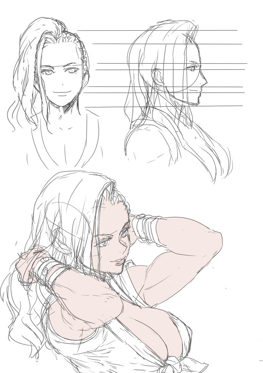 アタリのとり方を見直し中。手癖に逆らうと描き初めの違和感がすごいけど角度つけた絵の時に収まりが良いな 