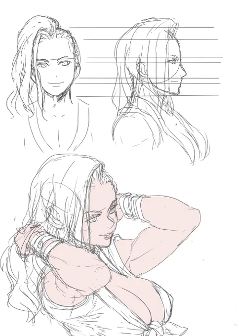 アタリのとり方を見直し中。手癖に逆らうと描き初めの違和感がすごいけど角度つけた絵の時に収まりが良いな 
