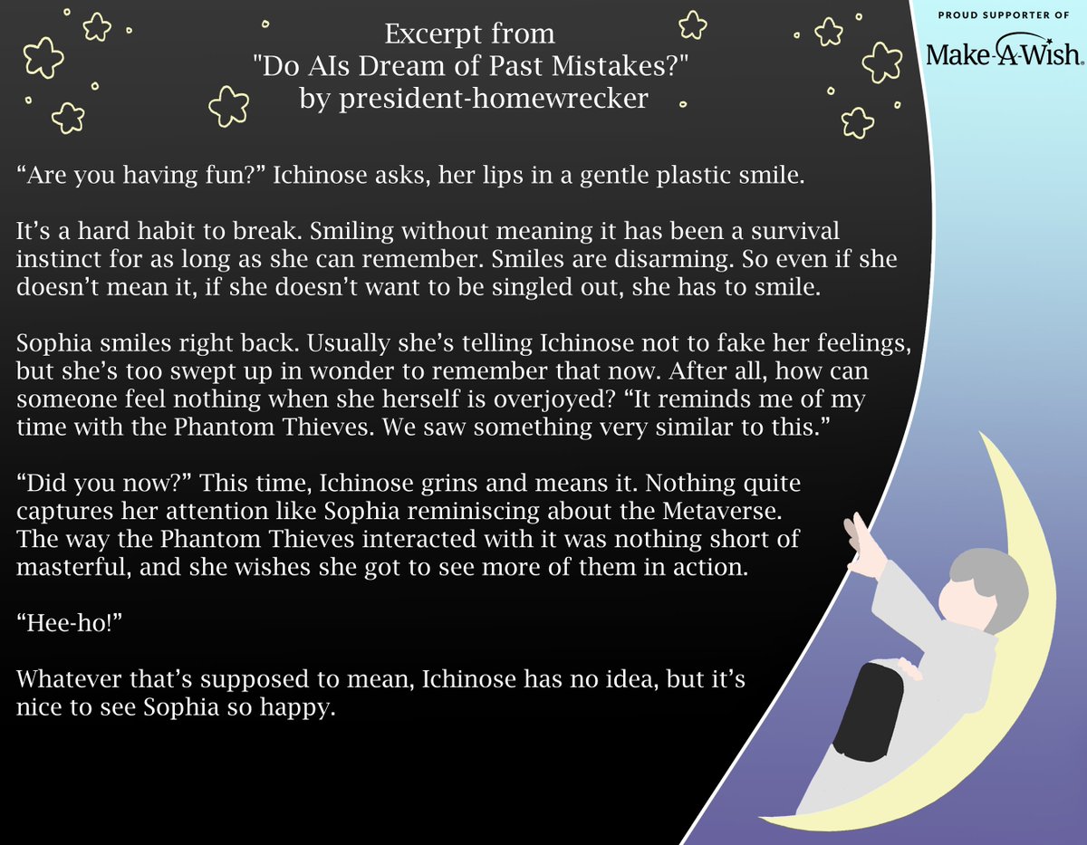 personawishzine's tweet image. Pre-orders for Festival of Stars: A Persona Wish Zine end SOON on May 15th 11:59 PM EST! Here's a sneak peek of our Writer @CreativelyTrash's Ichinose and Sophia story - and by donating, you'll see wonderful works such as this fic and more 🎋

site.wish.org/goto/festivalo…