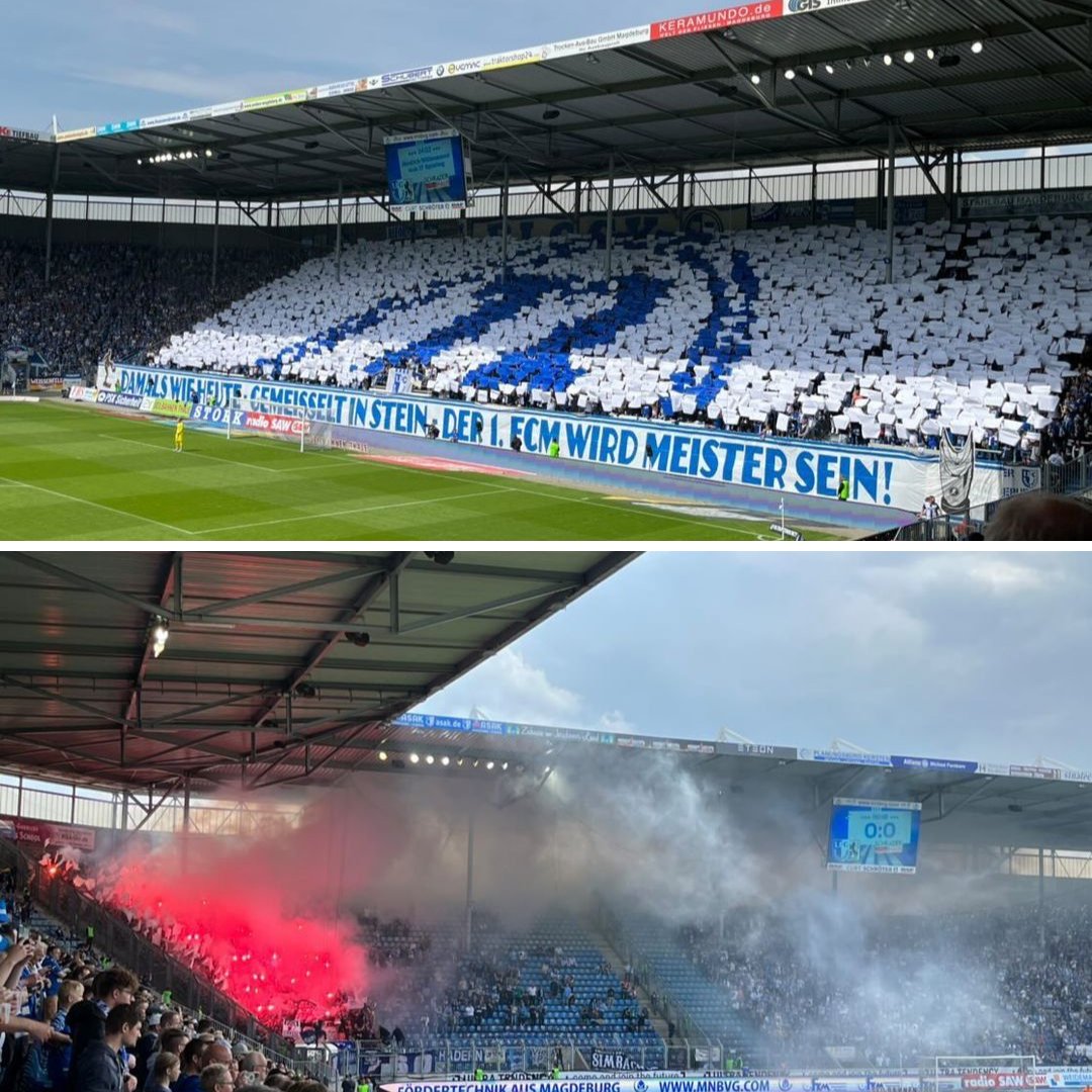 Oben: Choreografie im Block U. Unten: Pyrotechnik im Gästeblock.