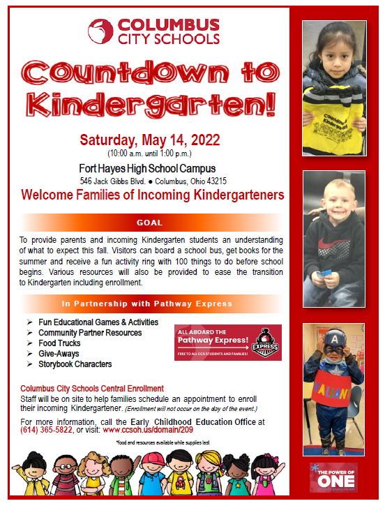 ColsCitySchools's tweet photo. Hey CCS Pre-K families! Our Countdown to Kindergarten celebration returns Saturday, May 14, and this is your chance to make sure your CCS preschooler is kindergarten-ready before school starts this fall. #OurCCS https://t.co/EEtATFdrFw