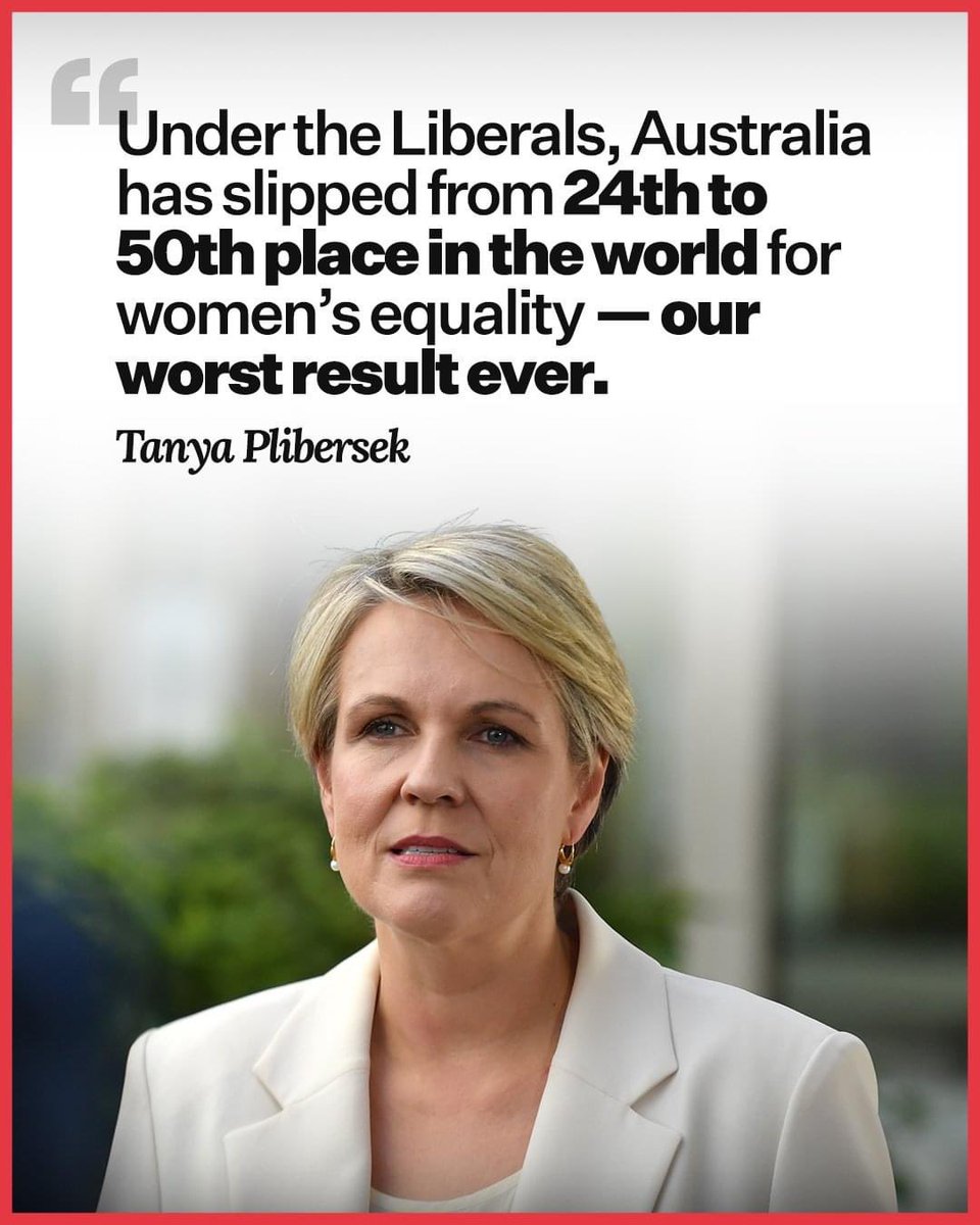 letitia_df's tweet photo. "Under the Liberals, Australia has slipped from 24th to 50th place in the world for women's equality - our worst ever." Tanya Plibersek
#IfNotNowWhen #MakeItCount #VoteThemOut #VoteLetitiaDelFabbro #VoteDelFabbro #auspol #ausvotes  #Labor4Fadden #AlboForPM  #GoldCoast https://t.co/Tt50C7RyTz