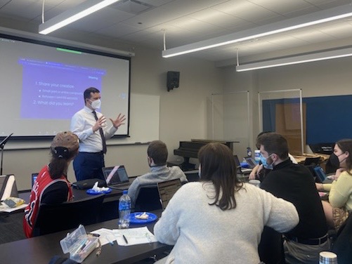 numused's tweet photo. Doc students Stephanie Gregoire, Diego Pinto, Seth Adams, and Patrick Horton shared a few sessions on World Music Pedagogy, technology, and creativity with the wonderful MusEd students @DePaulSOM. An energizing day for everyone! https://t.co/ojrfLDI029