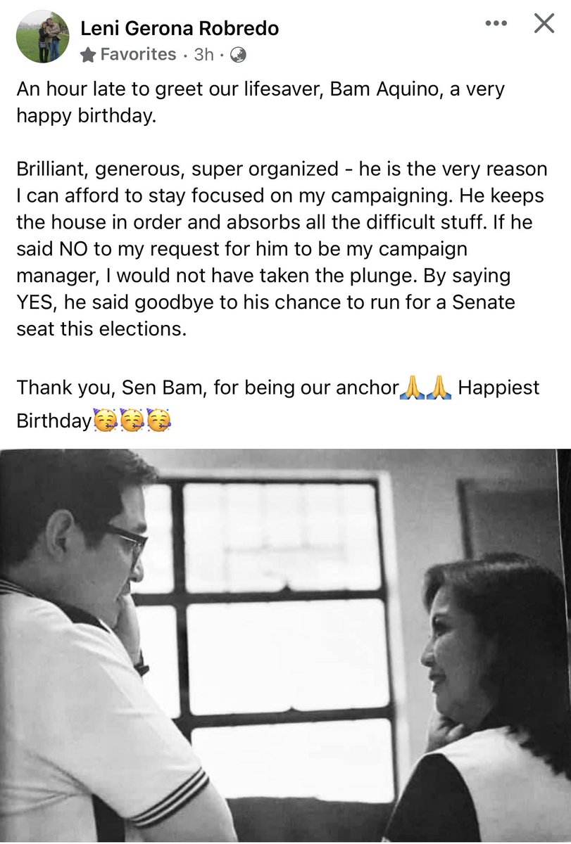 maracepeda's tweet photo. Presidential candidate VP Leni Robredo greets her campaign manager Bam Aquino a belated happy birthday, calls him “brilliant, generous, super organized” and thanks him “for being our anchor.” #PHVote @rapplerdotcom 📷 Robredo’s FB https://t.co/WNzhlZ19OK