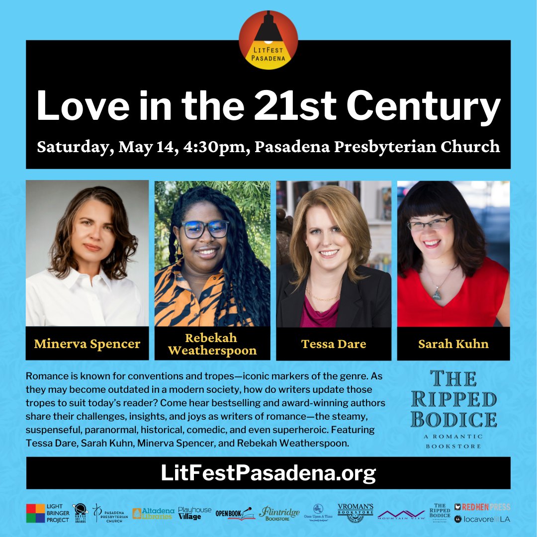 IN ONE WEEK! Join us at @LitFestPasadena on May 14th for: 💕 3pm Modern Love with @themaureenlee @wibbs_ink @ASiegemundBroka @AlanaAlbertson @cblee_cblee 🌹 4:30pm Love in the 21st Century with Minerva Spencer, @RdotSpoon @TessaDare @SarahKuhn 📚 litfestpasadena.org/schedule