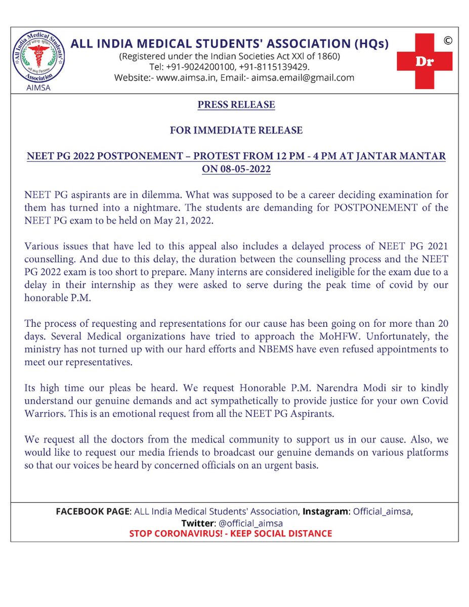 DrJsinghRajawat's tweet photo. PRESS RELEASE #WeWantPontponeNeetPG2022
#POSTPONENEETPG_MODIJI 
#POSTPONENEETPG_MODIJI
@PMOIndia @ANI @PTI_News @TOIIndiaNews @TV9Telugu @htTweets @IndianExpress @aajtak @IndiaAheadNews @ndtv @MirrorNow @DDNational @ANI @BBCHindi @ABPNews @PTI_News @PIB_India https://t.co/Js4mlHdeD3