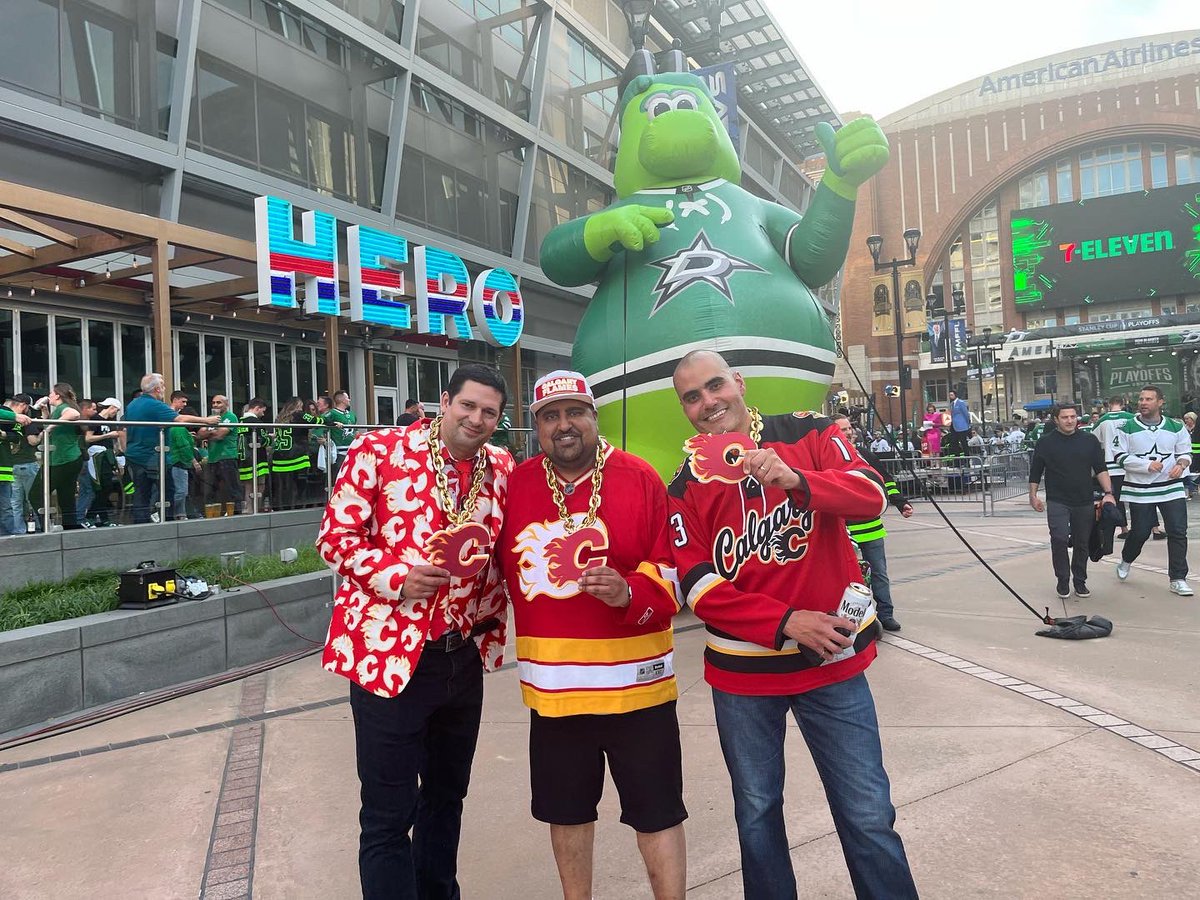 We have rockaholic Sanj in Dallas tonight on behalf of all Flames Fans in Calgary watching from home! Apparently the C of Red is strong in Texas tonight! Go 🔥 Flames 🔥 Go - @jessemodz and @jdfromcjay #CJAY92 #JesseAndJD #Flames