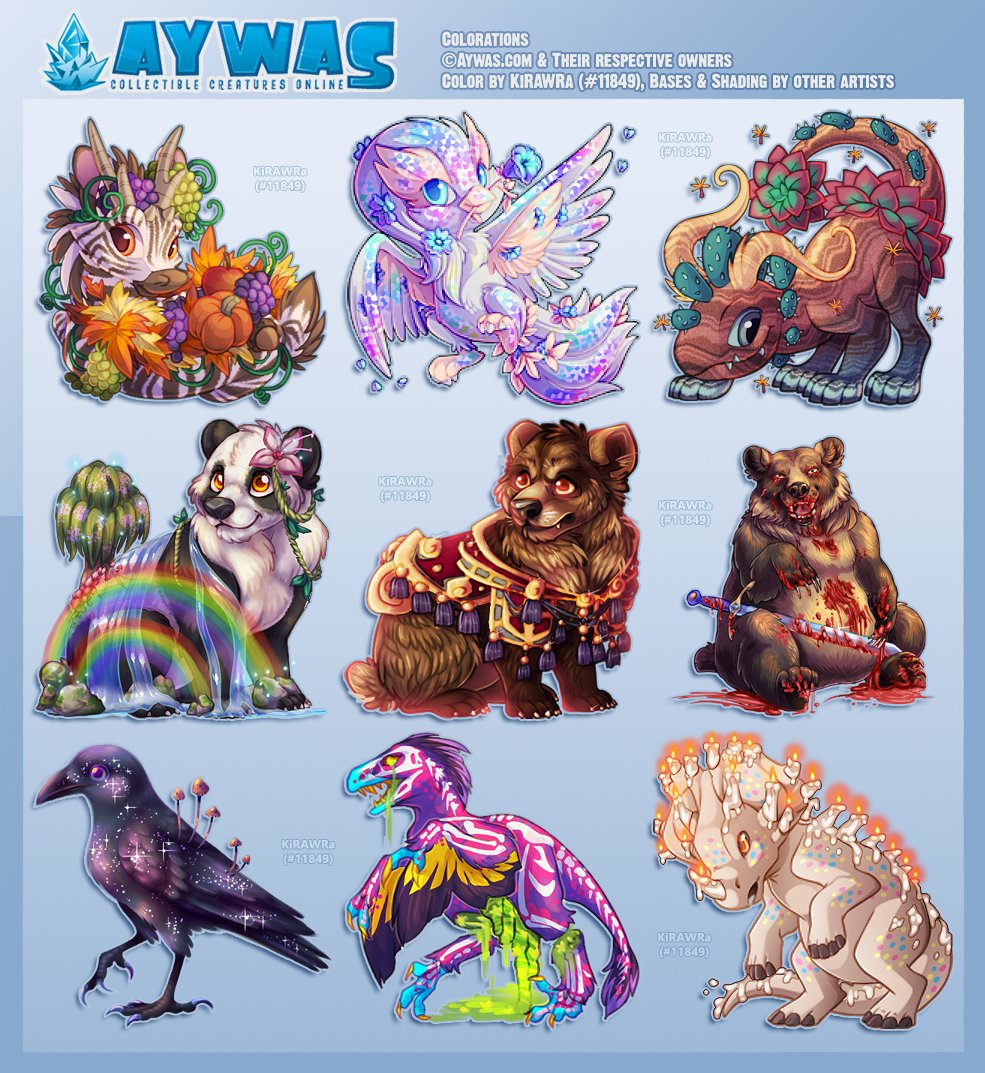 KiRAWRart's tweet photo. Another misc batch of bases from @Aywas! All of these were drawn and shaded by other artists, I only colored them (some have minor edits added as well).
๐ป
#aywas #bears #virtualpets #digitalart #fantasyart #dinosaurs #twblood https://t.co/STBpgp6wNi