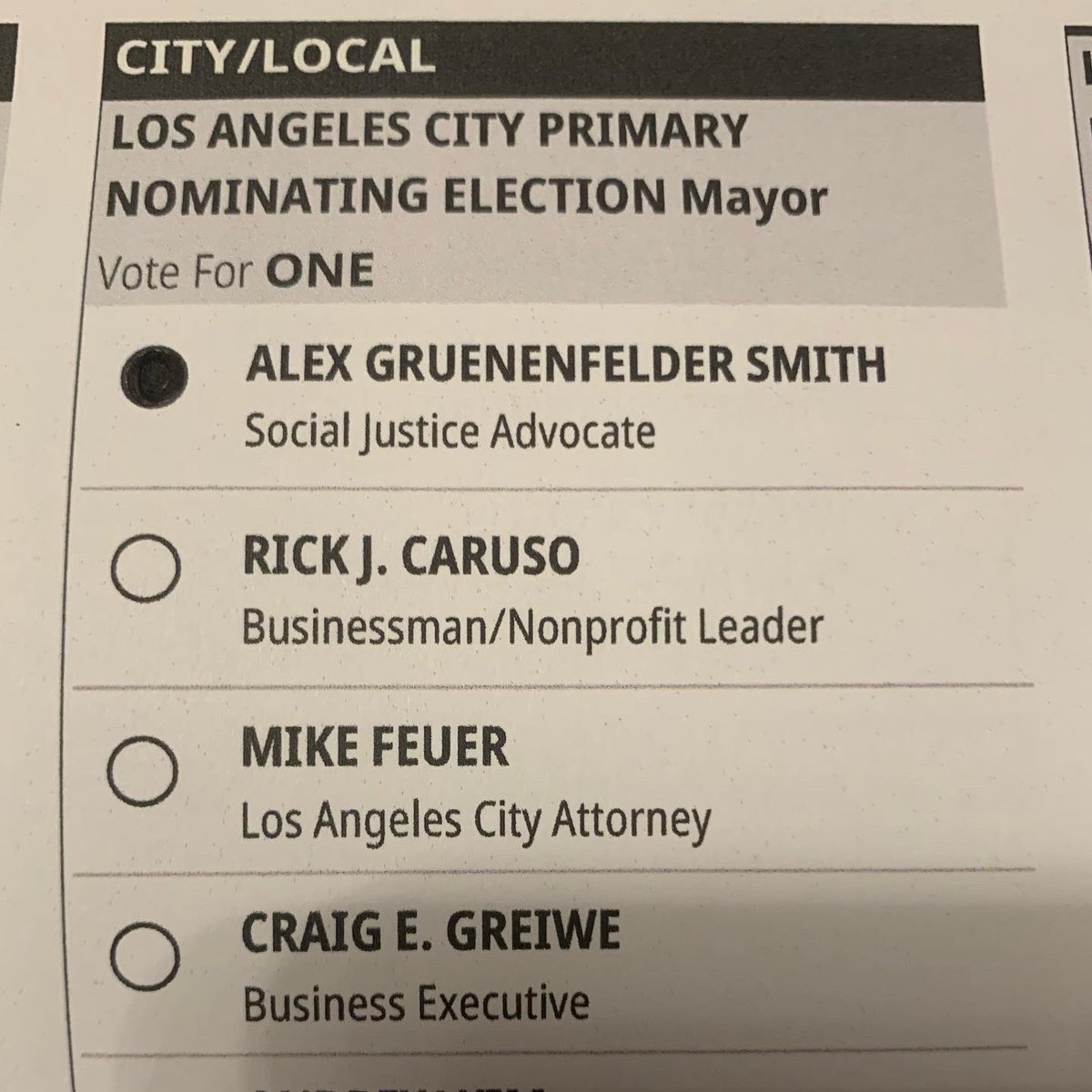 MayorAlexLA's tweet photo. Vote early. Vote Gruenenfelder. #MayorAlex https://t.co/w1QBf5KH32