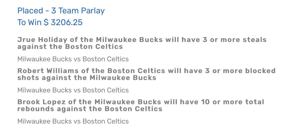 beiyoh's tweet photo. finally got one today

🏀 3 leg same game parlay
Holiday o2.5 steals
Rob Will o2.5 blocks
Lopez o9.5 reb

wager: .25u to hit 32u ✅
#gamblingtwitter #NBAPlayoffs #bucks #Celtics https://t.co/cjxEqZgXCB