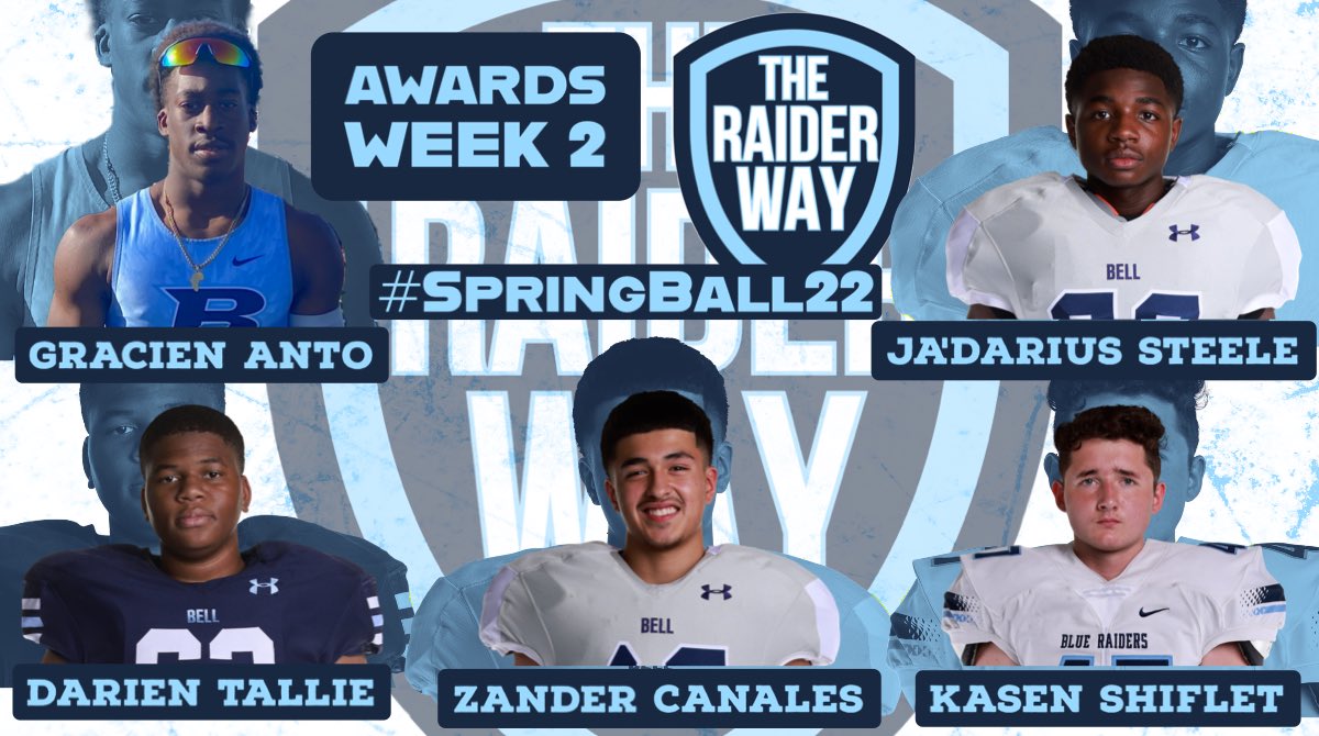 LDBellFootball's tweet photo. Congratulations #SpringBall22 #TheRaiderWay award recipients for week 2! These young men have exemplified the characteristics of #Loyalty #Leadership #Grit &amp; #BELLief https://t.co/kgeK1xa41M