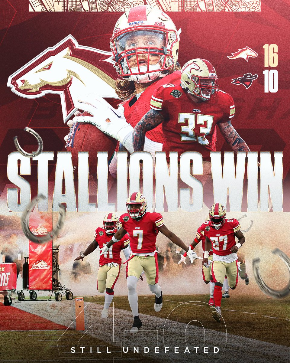 UFLonFOX's tweet photo. 🗣 And STILL undefeated
The @USFLStallions take down the Bandits and improve to 4-0 on the season 🐎🐎🐎 https://t.co/wRfiQK9wXT
