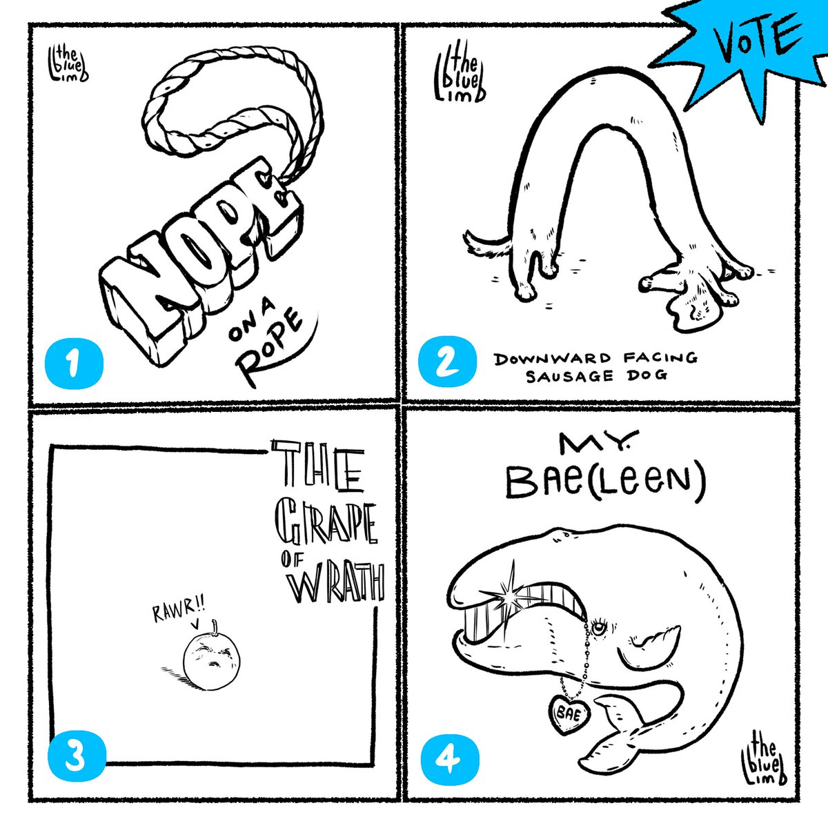 thebluelimb's tweet photo. @thebluelimb now has 16 designs up in the store. Classic 100% cotton shirts printed on demand! Link in the bio.
What cartoon should we put in the T-shirt shop next? Here's our top 4 choices. Kindly vote for your favourite... https://t.co/xzcq4y0Mtn