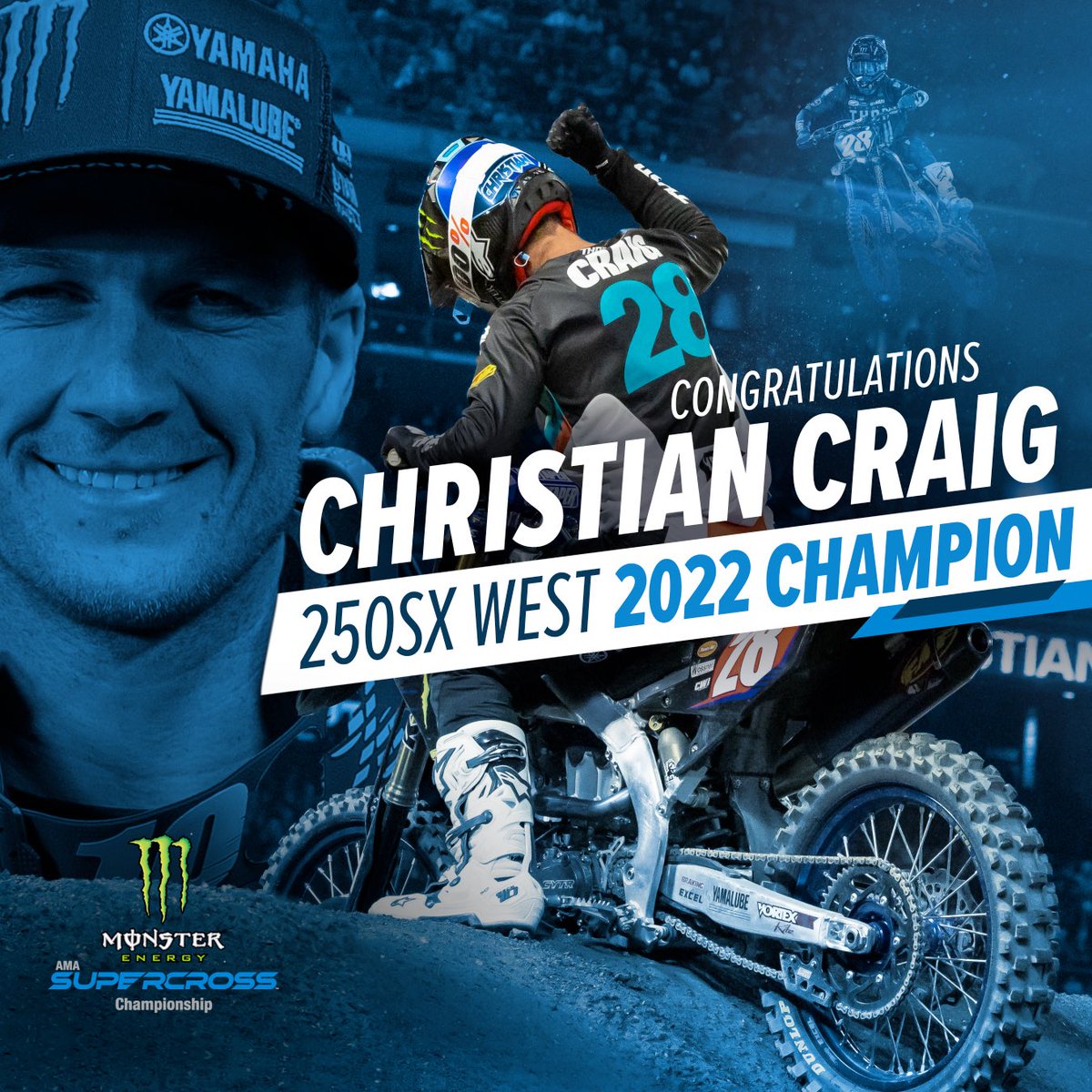 SupercrossLIVE's tweet photo. .@_ChristianCraig is your 2022 250SX West Champion! 🏆

#SupercrossLIVE https://t.co/Xg6O3eGHsI