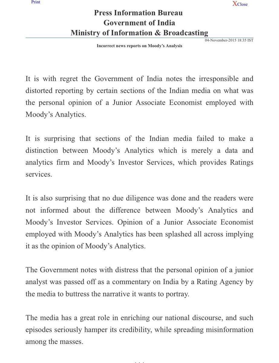 How could I forgot to add the 2015 instance when the govt dismissed a Moody’s Analytics’ Economic Outlook report calling it personal opinion of a junior economist and rapping the media for its coverage. Moody’s stood by its report. 15/n