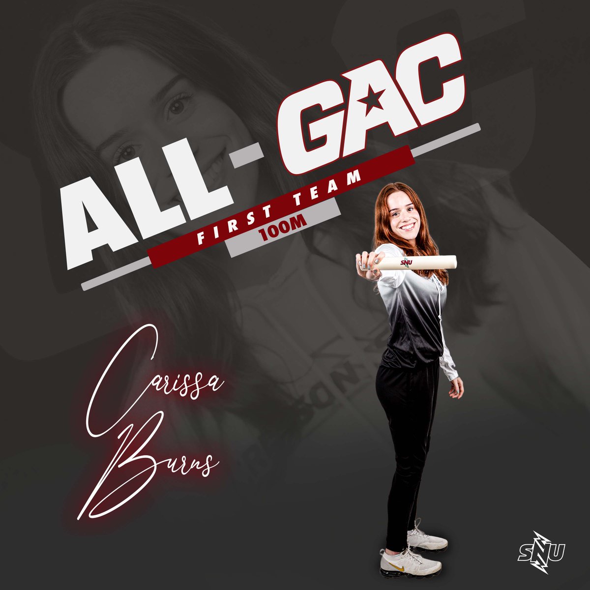 SNU_XCTrack's tweet photo. Thirst for First! 🥵

Congrats to Darrius Blackshire, Carissa Burns and D'Kari Smith for making the All-GAC First Team! 🥇☝️

#BoltsUp⚡️ https://t.co/cB9dV9yySs