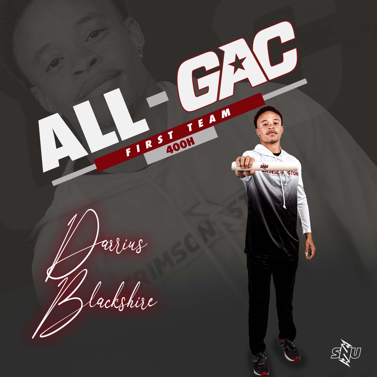 SNU_XCTrack's tweet photo. Thirst for First! 🥵

Congrats to Darrius Blackshire, Carissa Burns and D'Kari Smith for making the All-GAC First Team! 🥇☝️

#BoltsUp⚡️ https://t.co/cB9dV9yySs