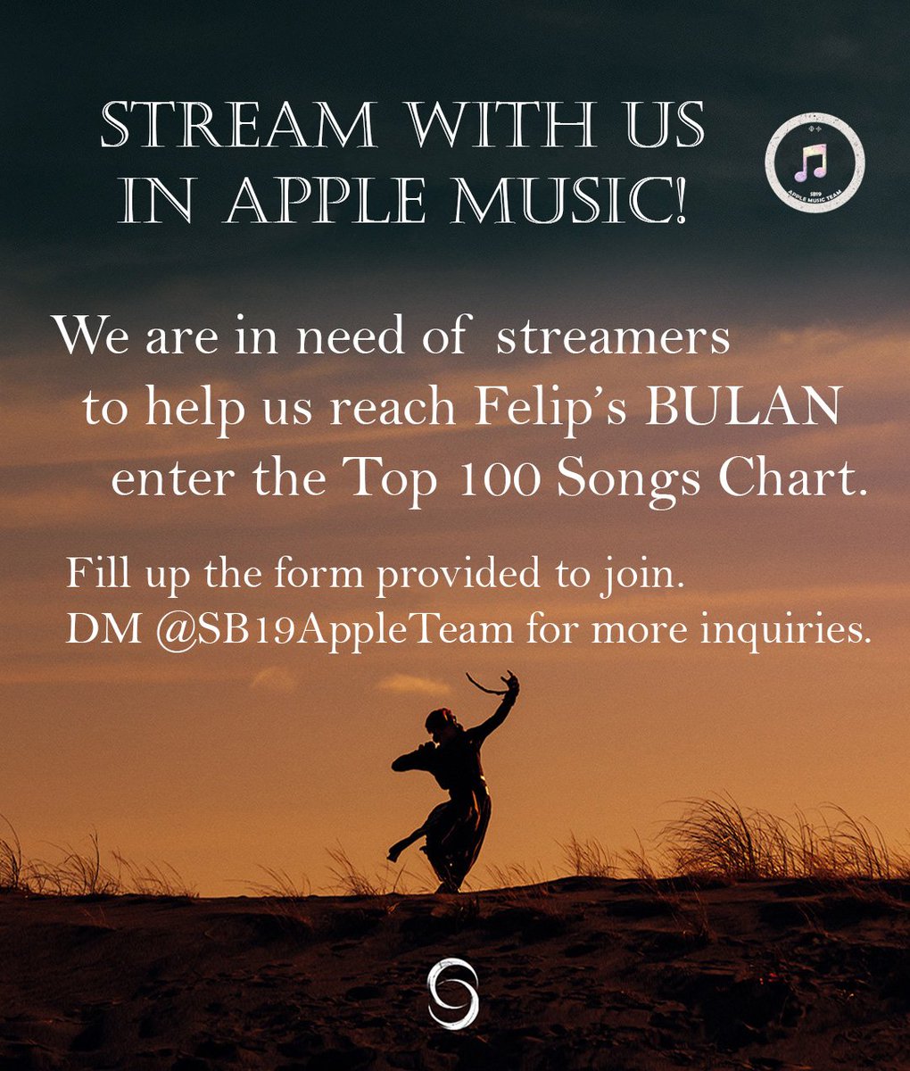 SB19AppleTeam's tweet photo. A'TINTION‼️

We need streamers to help us with our streaming goals for Felip in Apple Music. Pls fill up the form, RT and share.

🌙https://t.co/mxh8l6hlTL

#FELIP2ndSingle
#FELIPcomeback
#AkoAngBULAN
@felipsuperior https://t.co/GcAaRIC4id