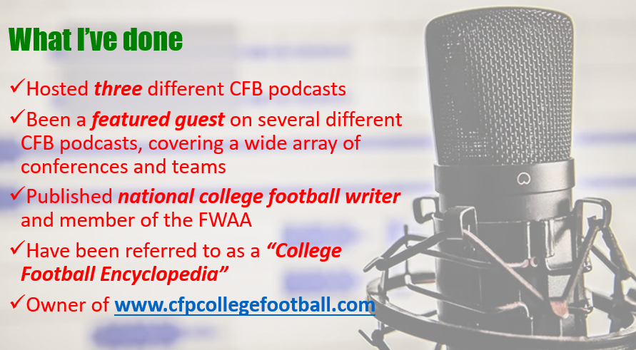 ChappyCFB's tweet photo. 🚨 🏈ANYONE looking for a #CollegeFootball #Podcast Guest, please consider having me on. A lot of experience, knowledge, and fun. See the visual resume below, and please consider. Those who follow me, back me up! DM me🏈🎙️😎

@EyesOnB1G @LateKickJosh @ralphDrussoAP #CFB22 https://t.co/qvxCFrWdYV