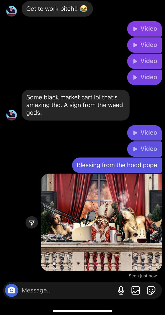 zudachris's tweet photo. Convos with my big bro just now
*CONTEXT*
In the videos I was telling bro how I ran out of cannabis & couldnโt afford to buy more, then I found a cannabis vape on the sidewalk while ubering today & this is how it went
@mikegrillmadeit
Itโs real, I got blessed by the
#HoodPope https://t.co/sc4JXF5q72