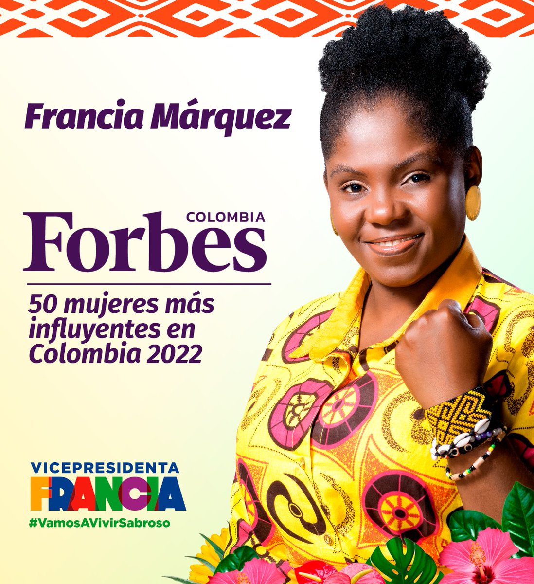 FranciaMarquezM's tweet photo. La Revista Forbes me incluye en su lista de 50 mujeres más influyentes de Colombia. Es un reconocimiento a la lucha colectiva que empezamos por defender la vida y el territorio de la política de muerte y que hoy nos tiene en esta apuesta por el cambio real para toda Colombia. https://t.co/9snknfpaiR