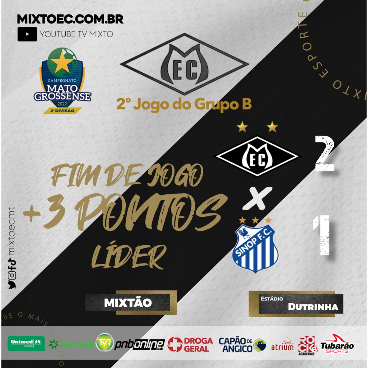 novomixto's tweet photo. Fim de papo na tarde deste sábado.

Mixto 2 x 1 Sinop

2 Gols de Toninho.

#mixto #alvinegro #matogrosso #fmfmt #oacesso #timegrande #tigre https://t.co/PhoVA047Jh
