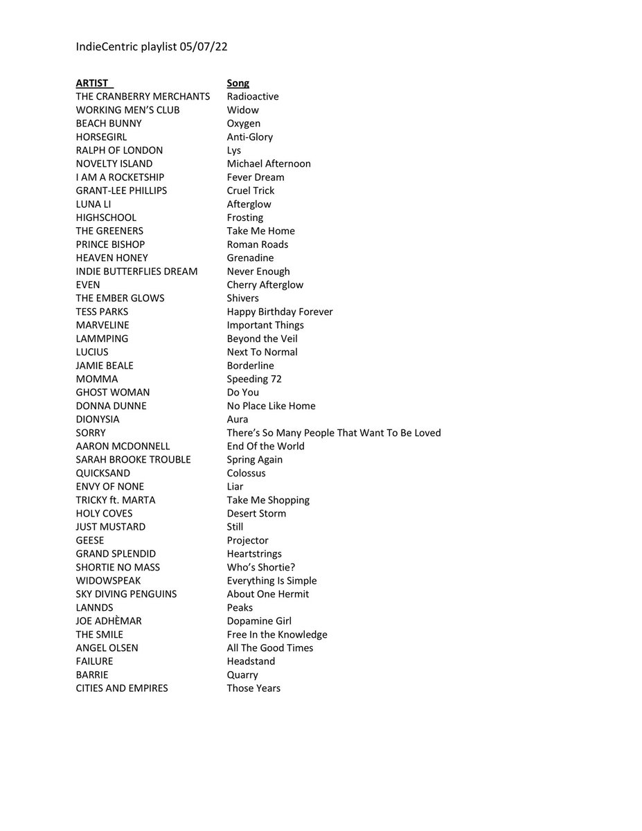 1/3 Today’s playlist ft @CranberryMerch2 @properwmc @BeachBunnyMusic @musichorsegirl @RalphOfLondon @_noveltyisland @iamarocketship1 @GrantLeeTweets @lunaliband @the_greeners @bishops_prince @heavenhoneybutt (my fave Twitter handle) @indiebdream @EVENtheband (contd) #indiemusic