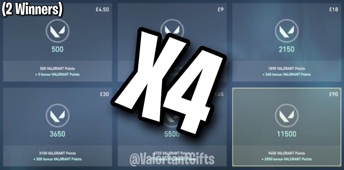 4X 11500VP GIVEAWAY ($400)
2 Winners⭐️

To Enter:
Follow Me + 
@ValorantDropss 

•Like &amp; RT + Like Pinned✅

Winners Will Be Messaged in 24h🚀
#VALORANTGiveaway #VALORANT