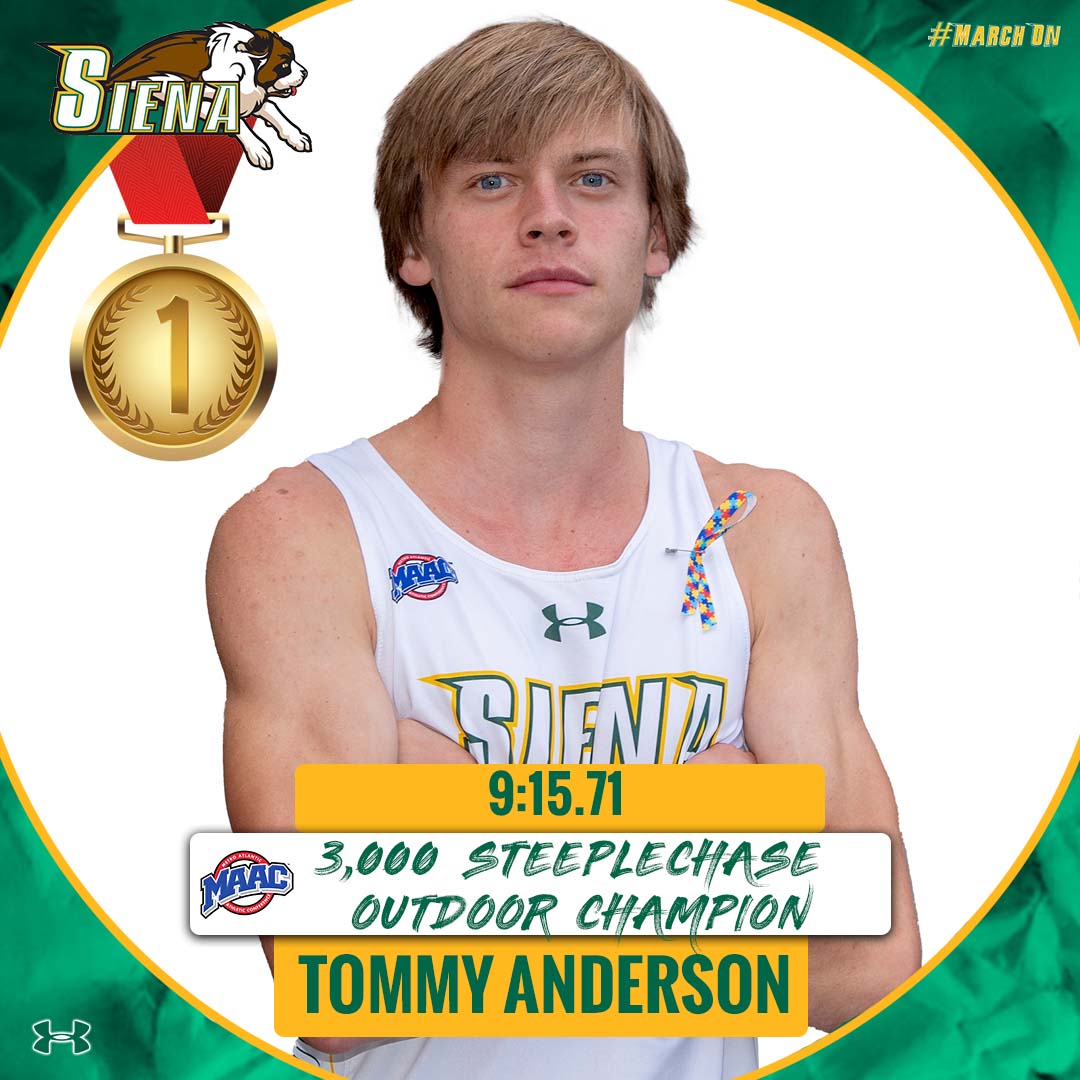 SienaXCTrack's tweet photo. 🥇 MAAC CHAMPION 🥇

Junior @Tommy21anderson wins the Men's 3,000 Steeplechase for his first-ever conference title and the program's first in the event ‼️

#MarchOn https://t.co/2CkSZe2ZPK
