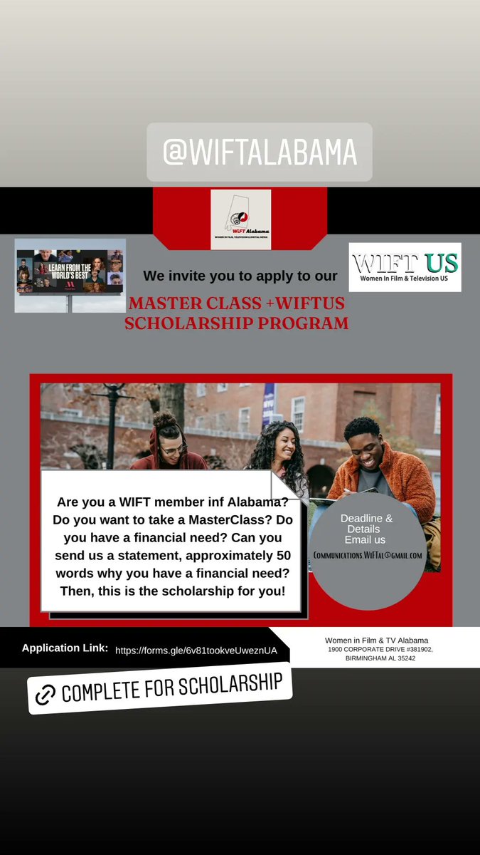 BhamWift's tweet photo. Scholarship Announcement
Master Class &amp; WiFT US Scholarship
18+  Click here to apply: https://t.co/On9YqK6fJg

SINCE 2015, MasterClass is the streaming platform-for anyone to learn from the best. With Hundreds of video lessons from 90+ of today’s most brilliant minds https://t.co/V0YxdeSK6e