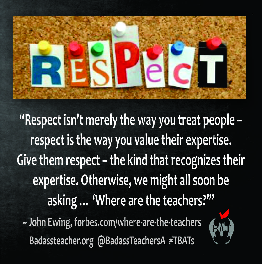 NYStateBATs (@nystatebats) on Twitter photo #TeacherAppreciationWeek
Gift cards, donuts & coffee mugs are nice but what teachers really need is respect. Respect means valuing their expertise all year long. #TBATs <a href="/OhioBATs/">Ohio BATs</a> <a href="/PennBat/">PA BATs R Pro Charter Reform</a> <a href="/VirginiaBATs/">Virginia BATs</a> <a href="/BATsDelaware/">DE BadassTeachers</a> <a href="/BATs_DC/">DC BATs</a> <a href="/NJBatsa/">NJ Bats</a> @NPEaction <a href="/BadassTeachersA/">Badass Teachers Asso</a> <a href="/ctbadassteacher/">ctbadassteachers</a> #TeacherAppreciationWeek
Gift cards, donuts & coffee mugs are nice but what teachers really need is respect. Respect means valuing their expertise all year long. #TBATs <a href="/OhioBATs/">Ohio BATs</a> <a href="/PennBat/">PA BATs R Pro Charter Reform</a> <a href="/VirginiaBATs/">Virginia BATs</a> <a href="/BATsDelaware/">DE BadassTeachers</a> <a href="/BATs_DC/">DC BATs</a> <a href="/NJBatsa/">NJ Bats</a> @NPEaction <a href="/BadassTeachersA/">Badass Teachers Asso</a> <a href="/ctbadassteacher/">ctbadassteachers</a>