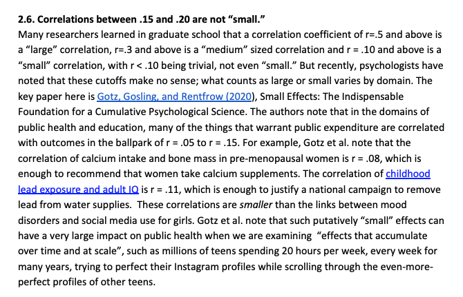 JonHaidt's tweet image. Here is my Senate testimony from last week, where I laid out the trends for teen mental health since 2010, and the evidence that social media contributed. 

I explained why correlations of r = .15 to .20 (found for girls) really matter, for public health:
judiciary.senate.gov/imo/media/doc/…