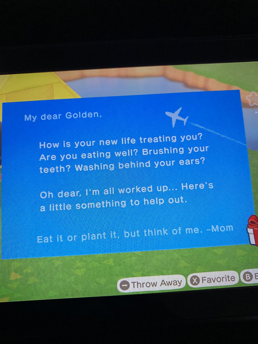 Just had a small breakdown thanks to #AnimalCrossingNewHorizons. I got this game in memory of my mom who passed almost exactly a year ago. She was the only family I had and the only one who would check in on me like this. Excuse me while I go cry some more.