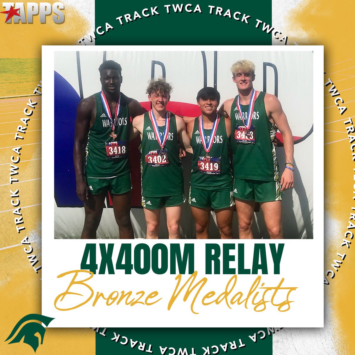 Great race to end the meet as the Boys 4x400 wins the Bronze medal <a href="/twcasports/">Woodlands Christian</a> <a href="/TappsTrack/">TAPPS Track & Field</a> <a href="/TTFCA/">TTFCA</a> <a href="/TXMileSplit/">Texas MileSplit</a> <a href="/ConroeSports/">The Courier Sports</a> @3Rsports1