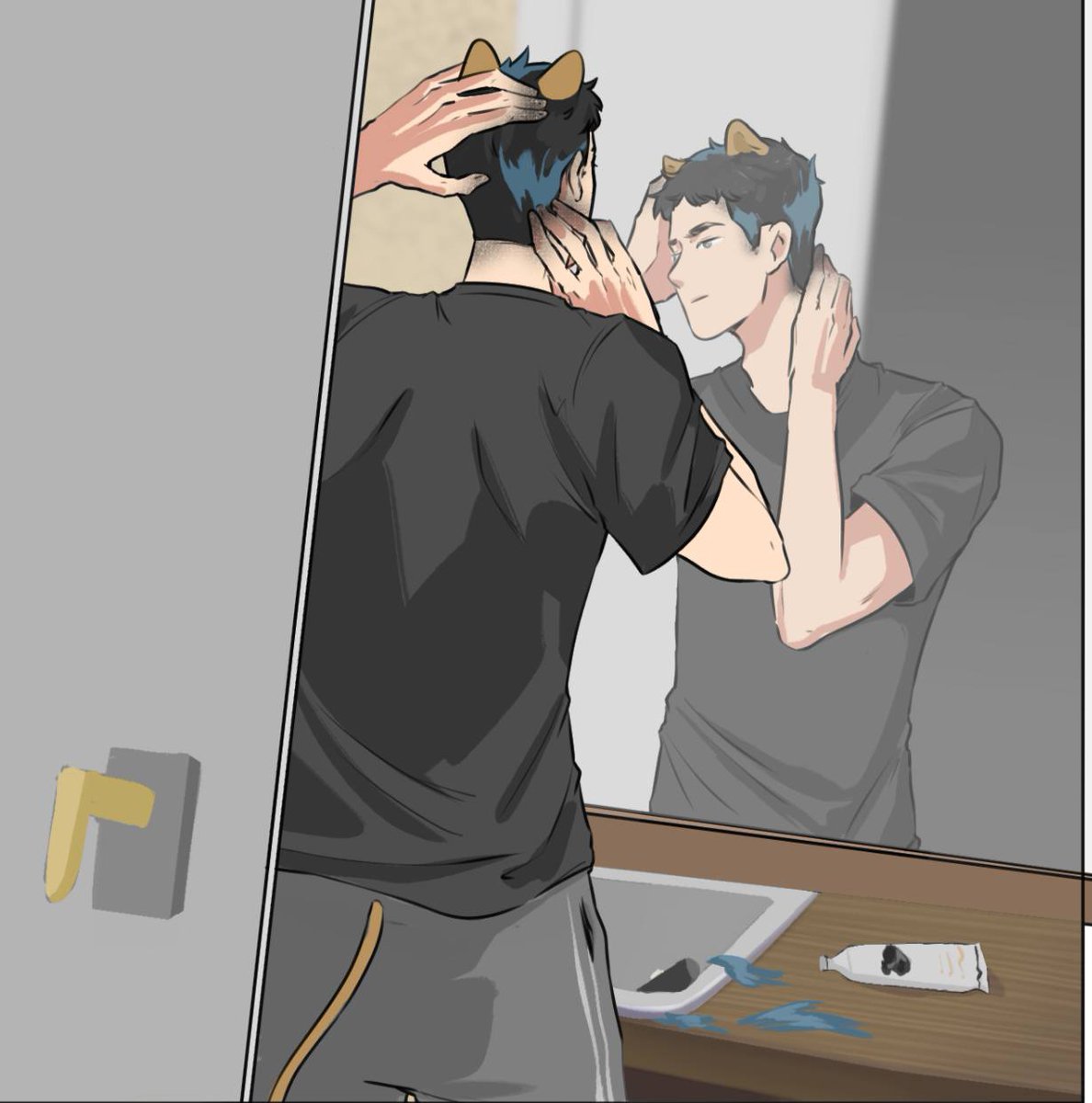 mourmisty's tweet photo. 🦁 Cutting and dyeing his blue mullet before meeting 🐇's parents https://t.co/DH0iRgSEEV