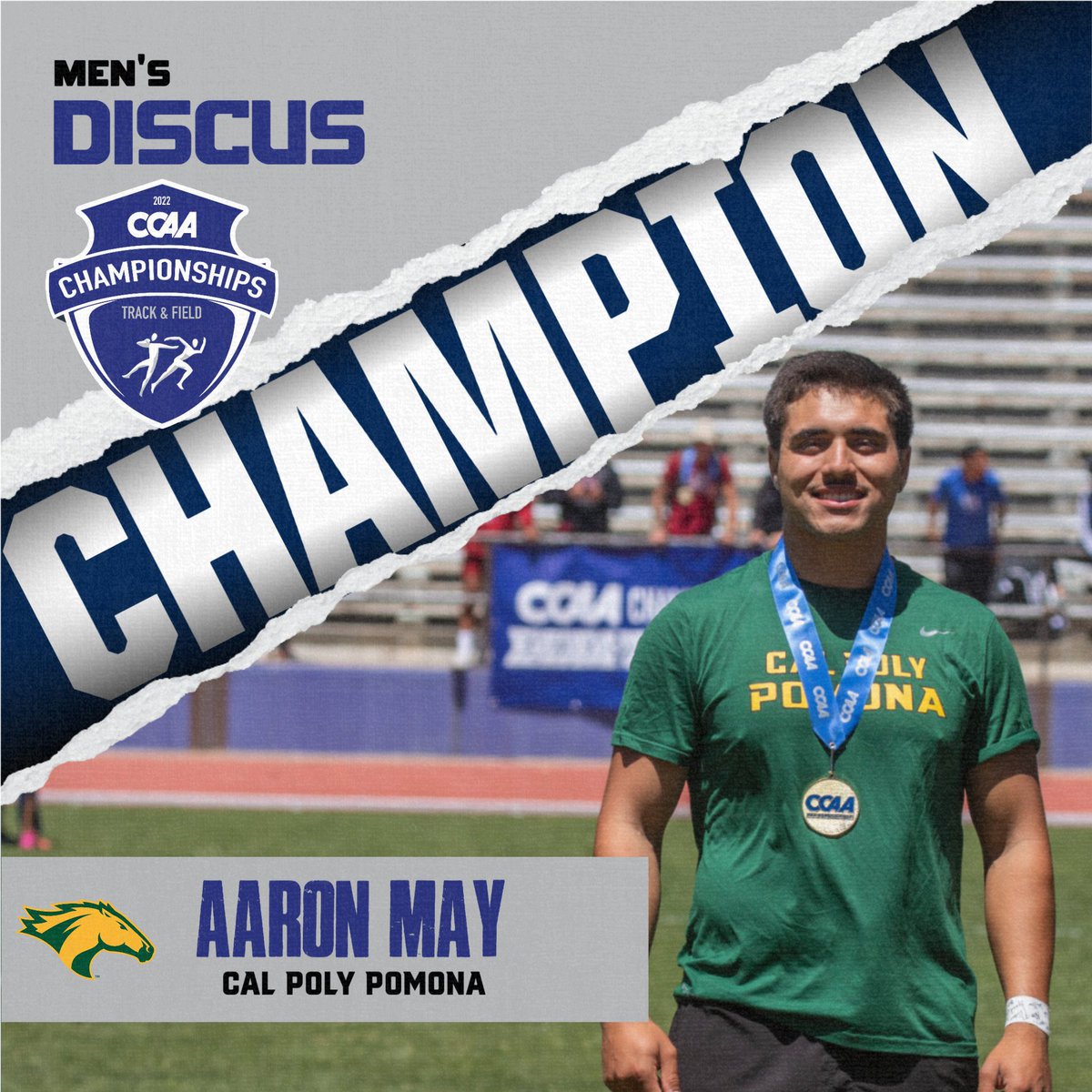 cppbroncos's tweet photo. T&amp;F | @CPPxctf’s Aaron May won the @goccaa individual title in the men’s Discus with a mark of 49.02m! #BroncosUnited #CCAA_TF #CCAAChamps https://t.co/2x8SDgALw7